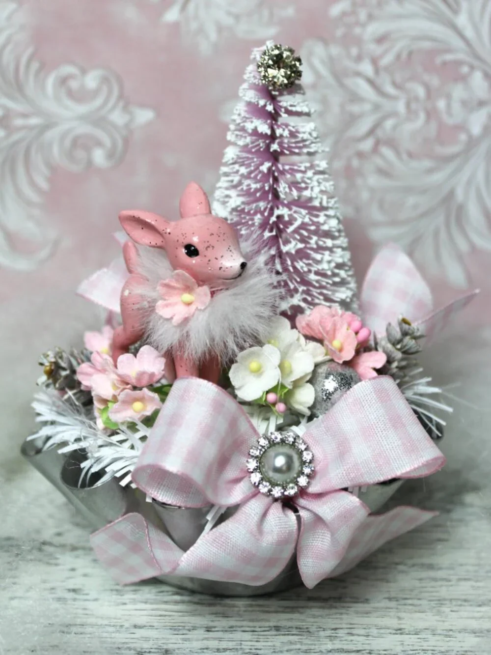 Pink Deer Christmas Assemblage: Bottle Brush Trees in Vintage Tart Tin
